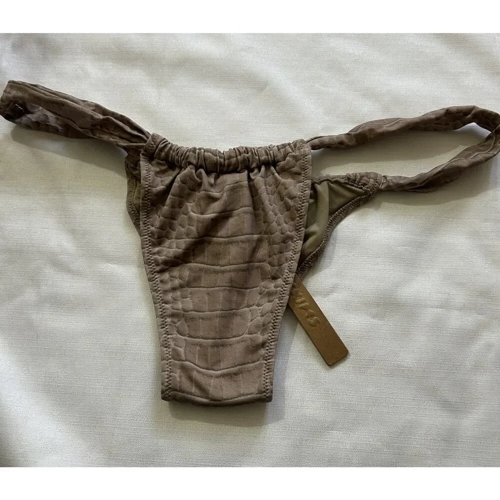 Skims NWT Signature Swim Ruched Thong Bikini Bottom Dune Crocodile Print Size XL